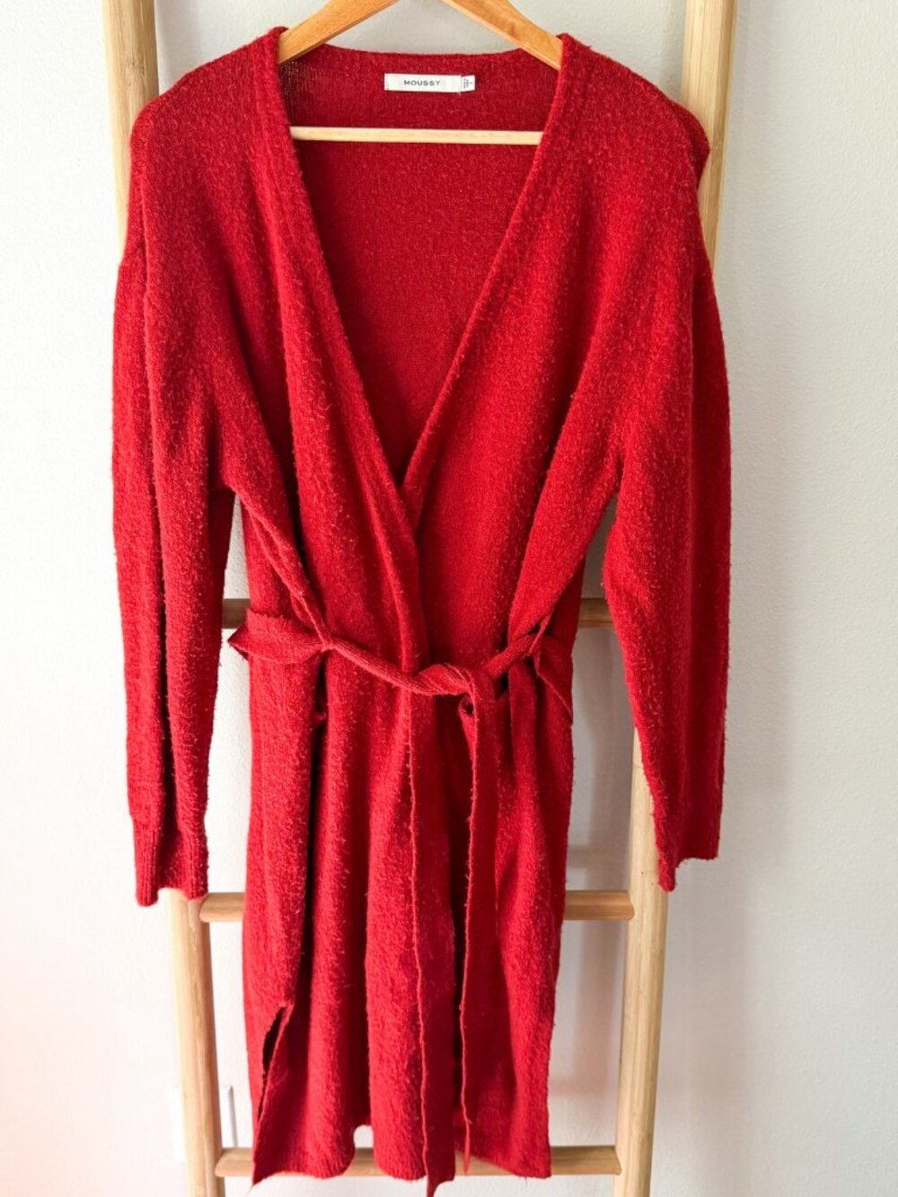 Moussy Red Knit Robe Longline Belted Cozy Lounge Women’s One Size Os